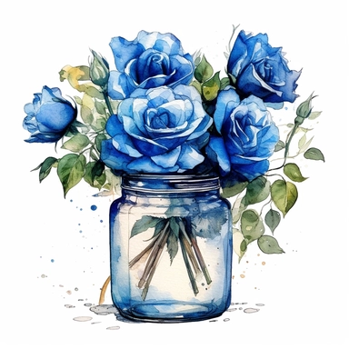 A watercolor painting of blue roses in a jar, in the style of nostalgic illustration, graceful, illustration, transparent layers, elegant, emotive faces Sublimation Clipart,hyper realistic, intricate detail, illustration style,high solution,on the white background