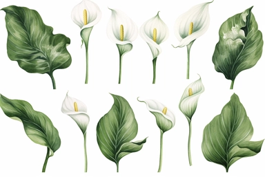 Watercolor clipart collection of matching and coordinating white calla lilies and green leaves, isolated elements on a white background with a wide margin