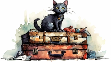 a very cute animated, disney illustration style, cat sitting proudly on a stack of vintage suitcases, looking off into the distance, watercolor by Thomas W. Schaller, clipart, solid background