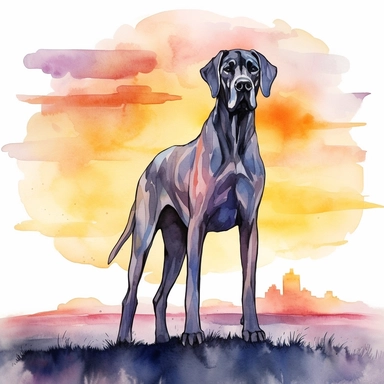 Majestic Great Dane standing tall and proud against a backdrop of rolling hills and a colorful sunset, capturing its regal and noble presence, white background, watercolor clipart.