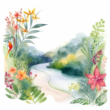 Design a watercolor jungle river clipart scene, with a winding river flowing through a lush tropical landscape filled with vibrant flowers and foliage on a white background. This adventurous design can be used to enhance various clipart elements or as a standalone decoration for exploration or nature-themed projects.