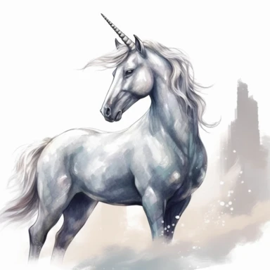 Create a unique clipart of a majestic unicorn with a striking silver horn standing in an elegant pose. Portray the unicorn in a realistic style, with a watercolor effect on a plain, high-contrasted background. The unicorn should be highly detailed, with an effortless expression and graceful pose. Ensure that the silver horn stands out prominently, making it the focal point of the image. The overall effect should be awe-inspiring, radiating a sense of marvel and wonder.