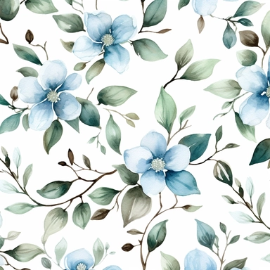 spring leaves blossoming flowers pattern watercolor floral watercolor pattern clip art free download, mosaic-like patterns, blues and greens, attention to fur and feathers texture, 3840x2160, hand-coloring, light gray and dark brown