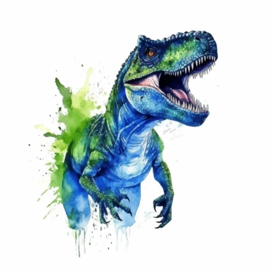 realistic green t-rex with blue watercolor clipart, minimalist, bright colors, isolated white background, 8k