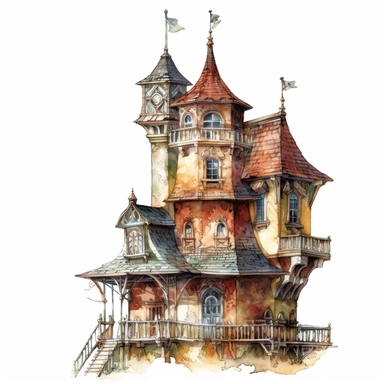 beautiful , sharp focus, no blur, artists rendition,intricate detail, high resolution, watercolor birdhouse victorian castle clipart, white background,