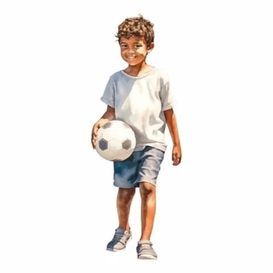 watercolor style, 7 years old latino boy with a ball, realistic clipart, isolated on white background, 4K
