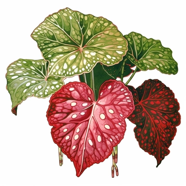 Clipart, Polka Dot Begonia's, Plantae, Tracheophytes Raddi, is a tropical plant native to southeast Brazil. It has green oblong leaves in shaped of angel wing, in a vibrant olive green color, deep red purple undersides of leaves and polka dot finishes on top. It has silver spots on its surface and a crimson reddish underside
