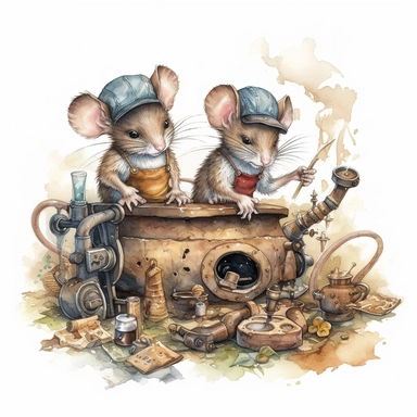 Two mischievous mice tinkering with a miniature steam-powered engine, surrounded by tiny tools and scattered blueprints. Watercolor clipart in HD on a white background.