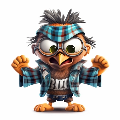 please create pixar style character clipart of an owl dressed like a rapper with bandana, teeth grills, back view with arms flexing