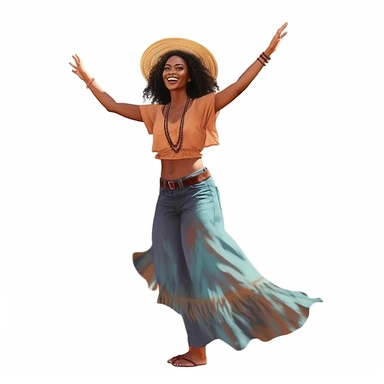 ultra realistic, bohemian african american woman, standing and happy, clipart