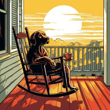 clip art of dog sitting in a rocking chair on the front porch drinking a cup of hot coffee