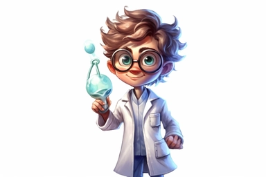 Watercolor, Generate a cartoon character wearing a lab coat and goggles, representing a scientist clipart, hd, on a white background, spaced out