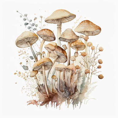 watercolor, a bunch of thin loong mashrooms in pastel beige color, a lot of details, good quality illustration, clipart, white background