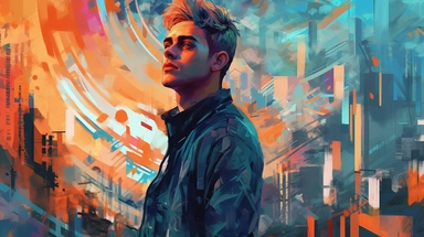 beautiful stunning pretty vintage, futuristic bladerunner style young man, paint art style, clipart, city landscape background, superrealistic, one of a kind