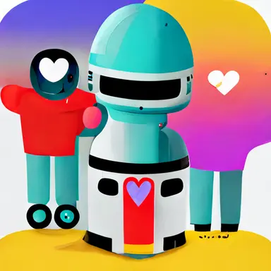 a virtual world full of heartfelt robots that encourage each other, play games with each other, create beautiful clipart together in a pop art style