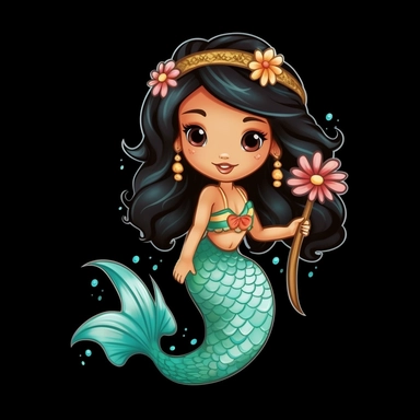 cute cartoon asian mermaid clipart, black background,--no cut off edges