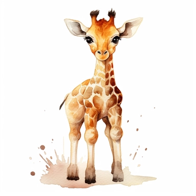 clipart full body friendly watercolour cute little baby giraffe, realistic, detailed, white background, contour