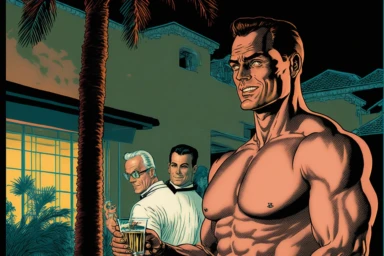 clipart of handsome 40 year old men drinking a martini near a vintage, muscular man in palm springs california at night, 1960's, bob peak, 1960's lifestyle illustration, happy, palm trees, mid century building, pool