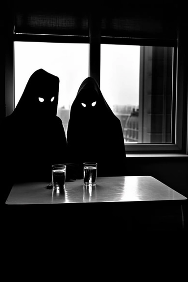 two men drinking beer at a table near a window, in the style of surrealist photography, alan parry, ron arad, photo taken with provia, peter blake, ritualistic masks, dusseldorf school of photography, very simple line art, clipart, black and white, dark lines