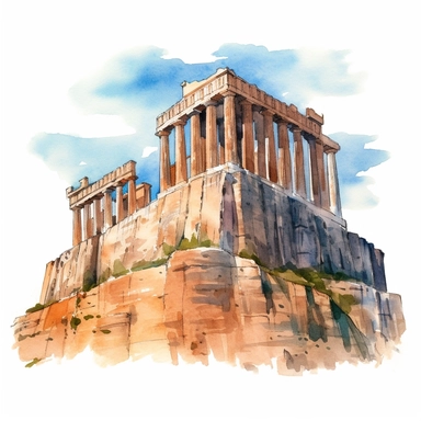 a Greece Acropolis in the style of watercolour clipart with detailed brush strokes