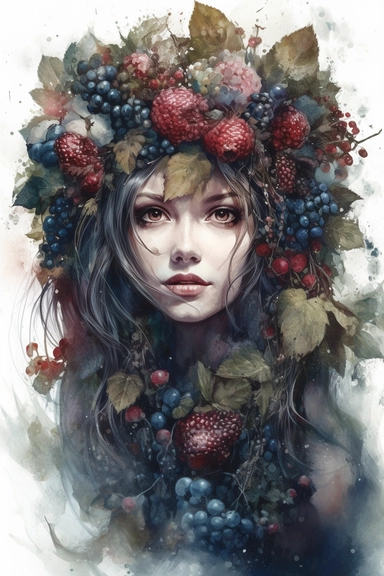 watercolor mixed media overgrown with flowers and raspberries and blueberries and moss beautiful witch, masterpiece by Ryohei Hase, PNG clipart, isolated on white, extreme photorealistic details, 32k HD resolution, realistic high detailization high resolution