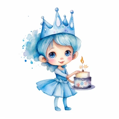 watercolor little princess clipart, blue tone colors, big eyes, smiling, lovely, adorable, wearing crown, holding a piece of brithday cake, full body, on white background