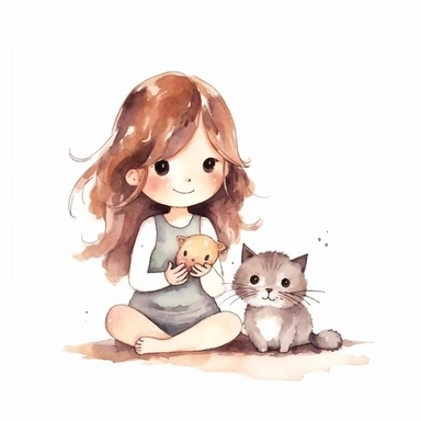 watercolor minimal hand draw doodle cat play with girl children cartoon illustration clipart sublimation, white background for removing background