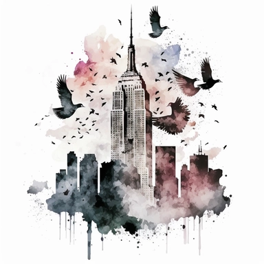 watercolor empire state building clipart, cloudy sky with birds, white background