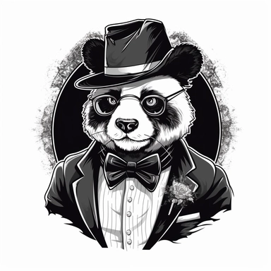 2D Black logo on a white background. Black and white Panda Man Hybrid . Neck lace, cigar, mafia. Determinated eyes Clipart. NO SHADING. KEEP THE LOGO SIMPLIFIED