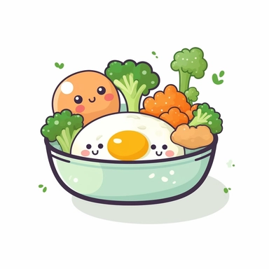 clipart of a vegetable dish with broccoli carrot potato and egg kawaii style white background