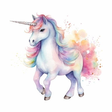 an active unicorn with kind eyes clipart with watercolor illustration,full body shot,8k,etsy style, white background