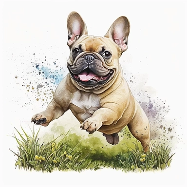 detailed watercolor, cute French Bulldog Dog jumping on grass with a bone in it's mouth, realistic clipart, white background