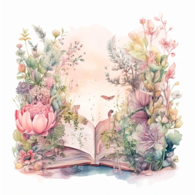 fantasy scene coming out of an open book, secret garden , florals, magical, watercolors, Clipart, pastel pink color theme