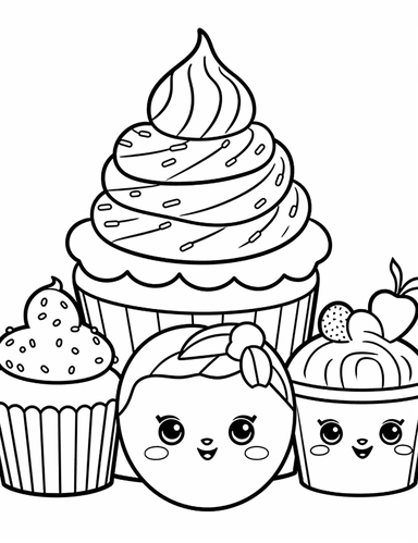Kawaii muffins with delightful designs and flavors, like blueberry, chocolate chip, and banana For Simple Coloring page,line art, thick lines, black and white,clipart, illustration, on white background,margin Page 10px