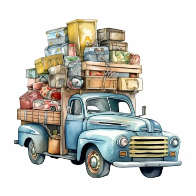 pick up truck loaded with car parts watercolor clipart