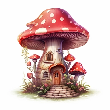 clipart, shades of red and brown fairy mushroom house isolated on a white background, intricate details, vector, pastel colors, realistic, 3D, no shadows