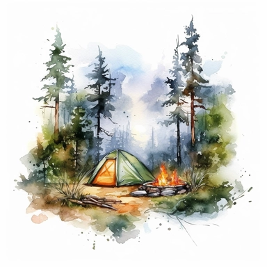 camping scene in forest watercolor style clipart on white background with margins