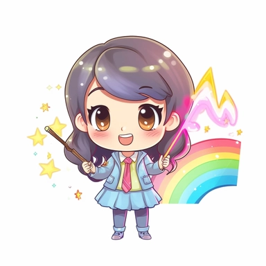kawaii style rainbow cute teacher with a magic wand, casting spells to make learning fun and engaging for students, Best quality, 8K, HD, white background, no background, sublimation file, png, 2d, Cute kawaii style, vector clipart