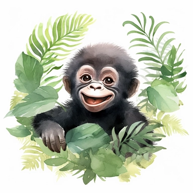 watercolor cute smiling baby Gorilla in the jungle on white background, expressive graphic illustration, , dynamic linework, exaggerated proportions, intricate shading, emotive expressions, digital painting, clipart, mixed media, surreal, emotional storytelling, white background, vector art, cartoon style, , aquarell, light-beige, rosa, white background, 2d flat design