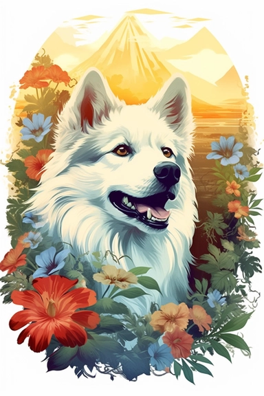 white background, dog, 3d, super closeup, sticker, photorealistic, artwork of t shirt graphic of majestic forest, in digital painting style , beautiful flowers, sunset mountains and clouds , big vines, plants sorround, highly detailed clean, vector image, photorealistic masterpiece, professional photography, realistic, flat white background, isometric, vibrant vector, clipart, illustration, realism, 4k, , cinematic, front view, paradise, extremely white background