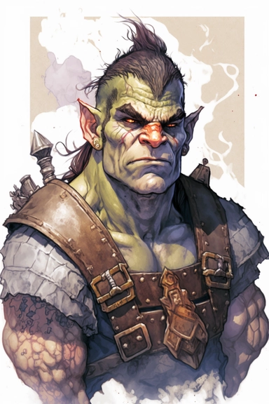 half orc blacksmith dungeons and dragons character, upper body portrait, highly detailed watercolor clipart