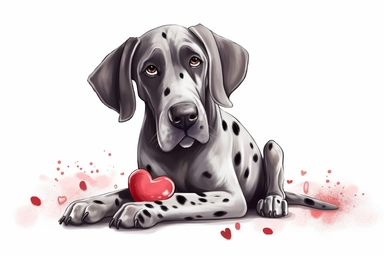 Cute Great Danes dog in Valentine’s Day theme clipart, cartoon, white background,