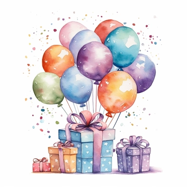 Birthday illustration clip art, holiday graphics collection, party background, watercolor colorful balloons and confetti illustration, carnival greeting graphics, gift box isolated, candies watercolor