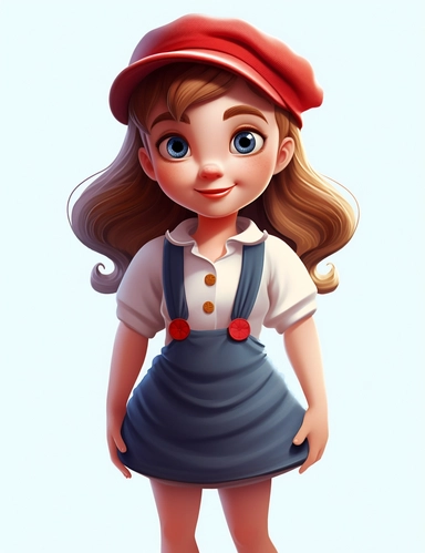 cute cartoon 6 years french girl , full body, with entire legs, red shoes , adorable, french style dressed, crimson, white, cyan, hyper detailed, children's illustration book, smiling with a half open mouth , looking straight into the camera vector, png, clipart, 3D, poster art,