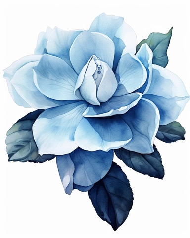 detailed watercolorart big blue gardenia head no leaves , isolated on white background, realistic, clipart