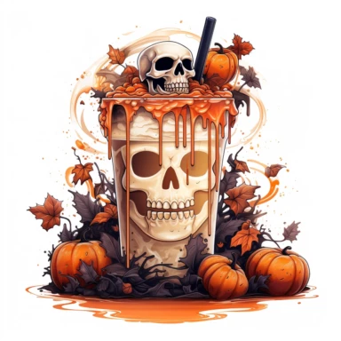 latte macchiato halloween themed, highly detailed color ink illustration, autumn season details, white background clipart 8k