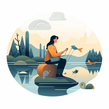 diverse woman sitting fishing on riverbank pulling up a shield out of the water on the end of a fishing rod, In the style of Microsoft Office business 2d vector graphics clipart white cutout