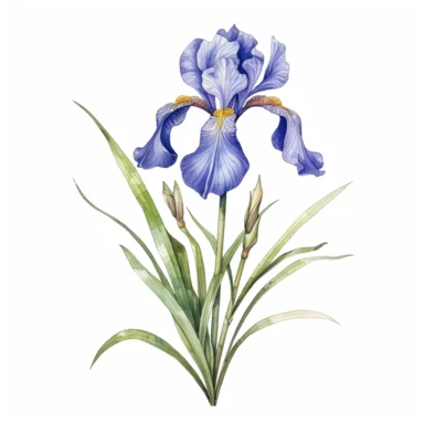 Northern Blue Flag Iris (Iris versicolor) flowers, clipart, watercolor Illustration, Sublimation graphics, by Beatrix Potter, single design, print on demand image, PNG transparent background, white background, 8k