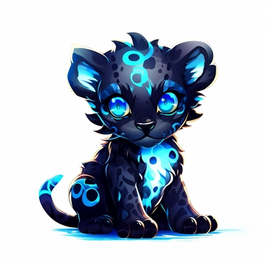 a cute and whimsical glowing tribal leopard with blue lights on his eyes, tribal animals, in the style of manhwa character design, master of shadows, burned/charred, himalayan art, dark black and light azure, 2d game art, quadratura, clipart, on white blackground