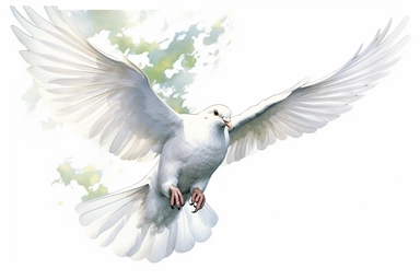 Clip art of flying dove, white, White margins around the image, drawn by Helen Beatrix Potter, easy to crop image, white background